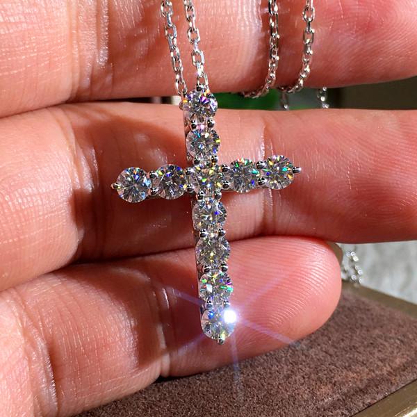 Vecalon Fashion Female Diamond Necklace Fashion Cross Style Pendant Necklace Big 925 Sterling Silver Choker Necklaces For Women