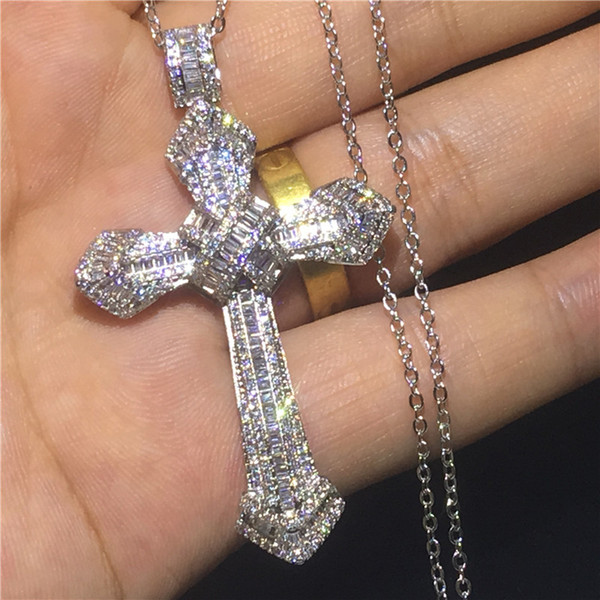 Vecalon Fashion Big Cross pendant 925 Sterling silver Diamond Wedding Engagement Pendants with necklace for Women Men Jewelry