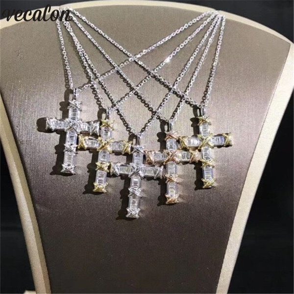 Vecalon Fashion Cross pendant Real 925 Sterling silver Diamond Party Wedding Pendants with necklace for Women Jewelry