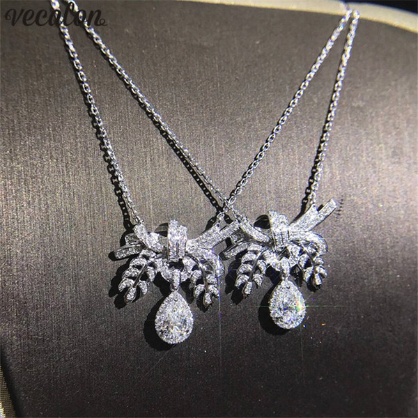 Vecalon Big Flower pendant 925 Sterling silver Water Drop 5A zircon Wedding Pendants with necklace for Women Party Jewelry