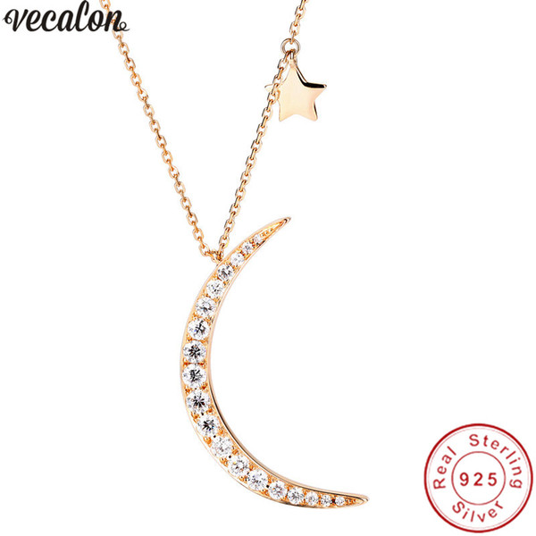 Vecalon Moon Star Shape pendant 925 Sterling silver 5A zircon Wedding Engagement Pendants with necklace for Women Jewelry