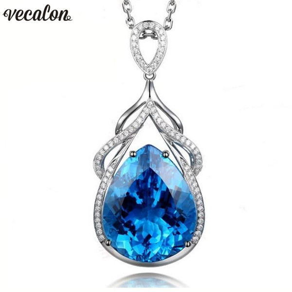 Vecalon Mermaid pendant 925 Sterling silver Water Drop Crystal cz Wedding Engagement Pendants with necklace for Women Jewelry