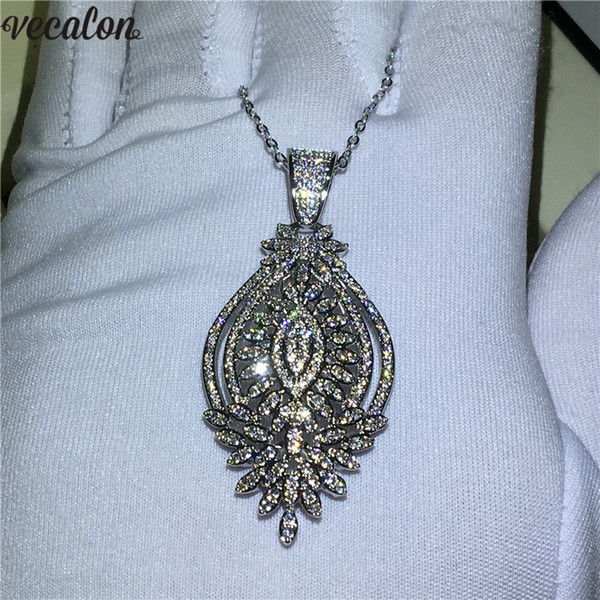 Vecalon Charm Flower pendant S925 Sterling Silver Diamond Wedding Engagement Pendants with necklace for Women Bridal Jewelry