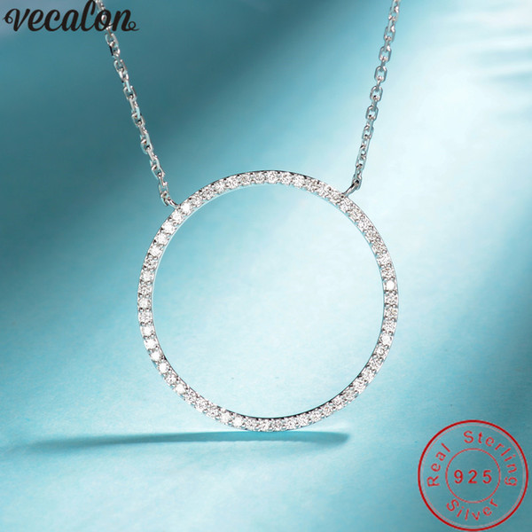 Vecalon Round Hollow pendant 925 Sterling silver 5A zircon Wedding Pendants with necklace for Women Bridal Wholesale Jewelry