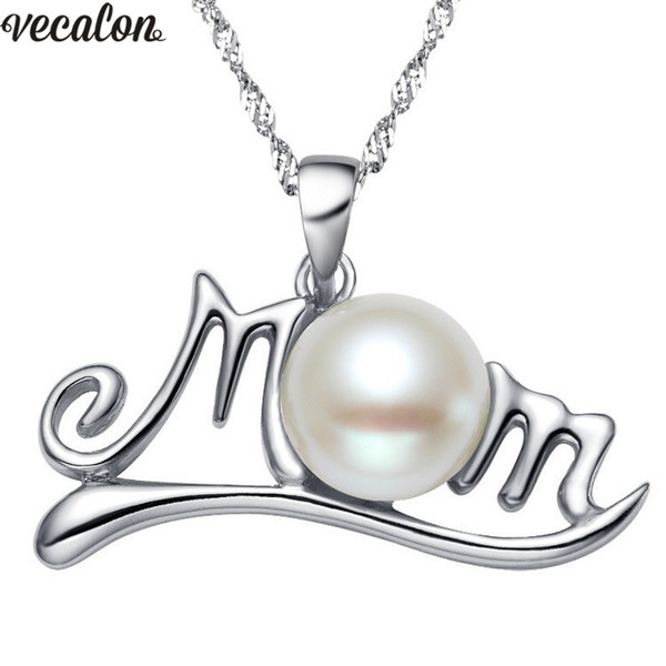 Vecalon Handmade Mom pendant pearl Silver Color Pendants with necklace for Women Mother's Day Gift Wholesale Jewelry