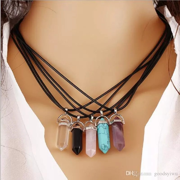 10 styles Natural Stone Pendant Necklaces with PU leather chain Bullet Hexagonal prism Cross moon shapes Crystal Jewelry for women men girl