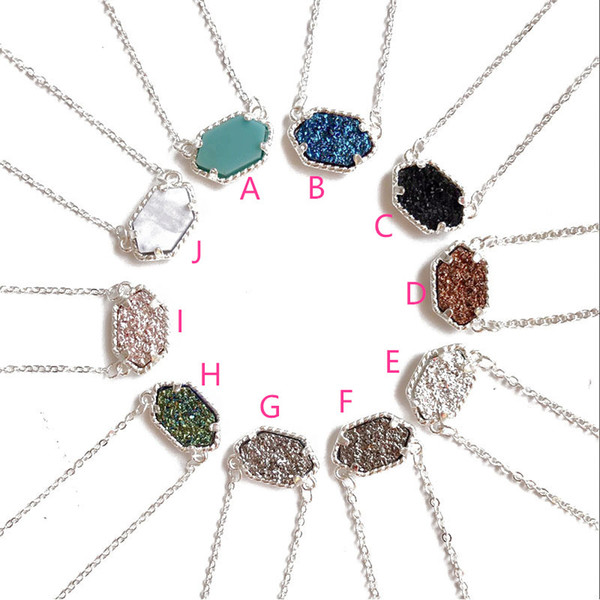 Hot Popular Oval Druzy Necklace Various 10 Colors Silver Plated Drusy Geometry Stone Necklaces Best for Lady Grace Mix Colors