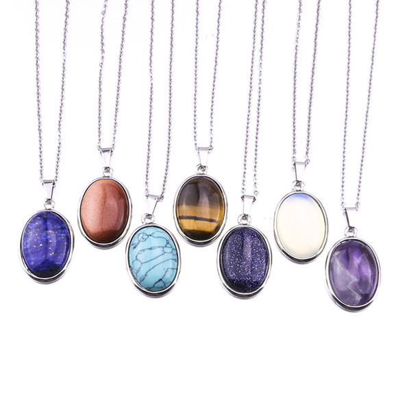 2.5CM Oval Natural Stone Pendants Necklace Gold Pink Quartz Crystal Tiger Eye Opal Neklace Jewelry