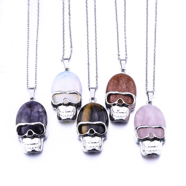 Various Skull Skeleton Natural Stone Pendants Necklace Gold Pink Quartz Crystal Tiger Eye Opal Neklace Jewelry