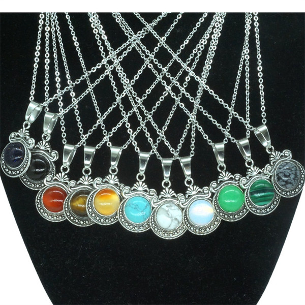 12 Colors Natural Stone Necklace Vintage Crown 12MM Round Pink opal Crystal Gem Charms Earrings for Women Jewelry