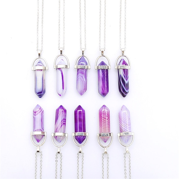 New Stripe Agate Natural Stone Pendant Druzy Drusy Necklace Bullet Hexagonal prism Purple Rose Blue Charms Necklace Jewelry