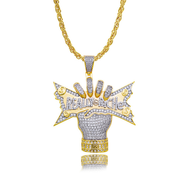 LuReen Micro Pave Zirconia Stones Really Riche Hand Iced Out Pendant Gold Silver Rope Chain Necklace Mens Hip Hop Body Jewelry