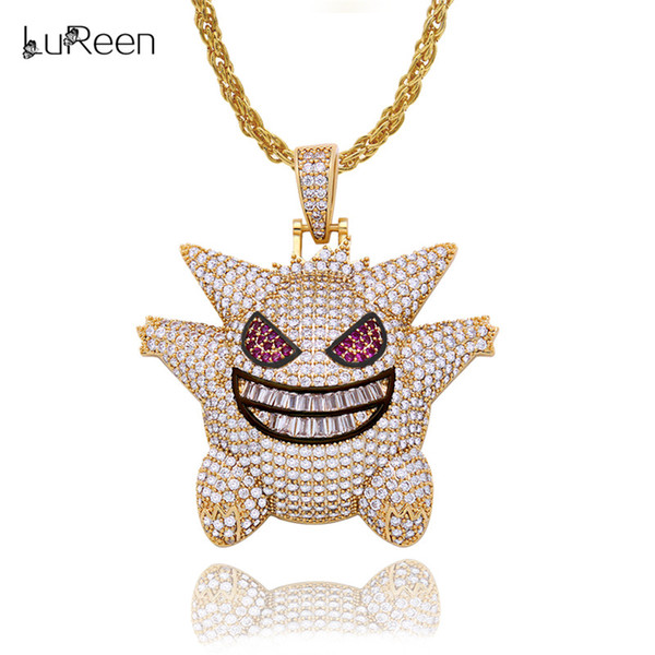 LuReen Gold/Silver Mask Gengar Pendant Necklace 24Inch Hip Hop Iced Out Pendant for Men Women Jewelry Gfit