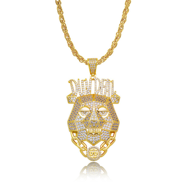 LuReen Iced Out Lion Head Pendant Gold Silver Color Micro Pave Cubic Zirconia Shiny Hip Hop Necklace Mens Body Jewelry