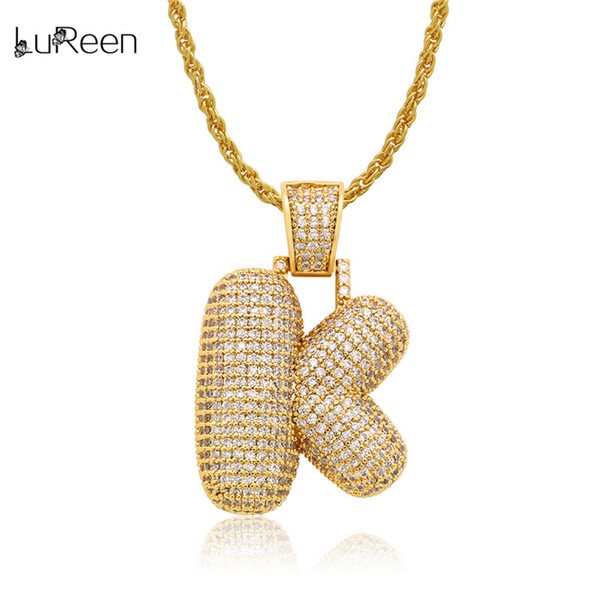 LuReen GOLD A-M Iced Out Letter Hip Hop Pendant Necklace 24 Inch Micro Pave CZ Dazzling Necklace For Men Women