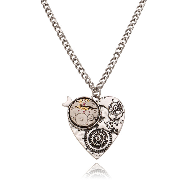 LuReen Steampunk Heart Watch Gear Pendant Necklace Vintage Antique Silver Long Chain Statement Necklace Men's Women's necklace