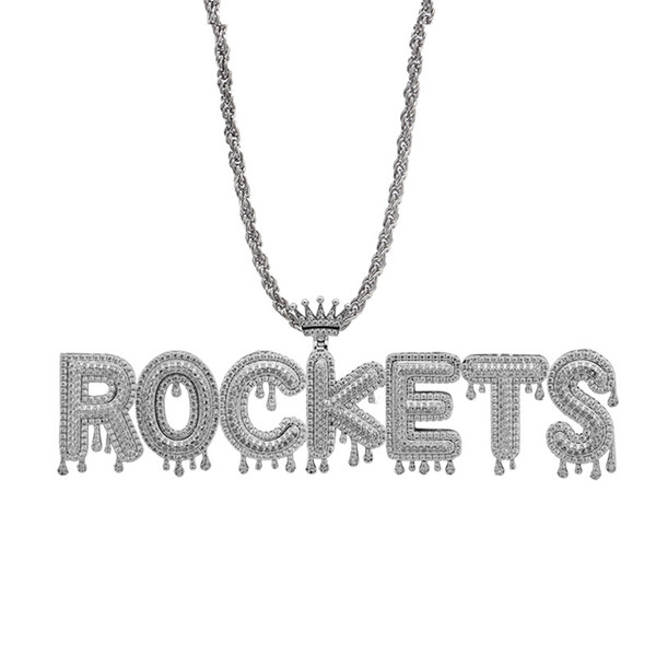 LuReen SILVER Iced Out Custom Name Necklace&Pendant Hip Hop Crown Drip Bubble Letter Necklace Men's Women Hip Hop Jewelry Gfit