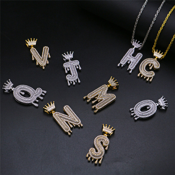 LuReen GOLD Crown Bail Drip Bubble N-Z Letters Pendant Necklace Iced Out CZ Necklace For Women Men Hip Hop Body Jewelry