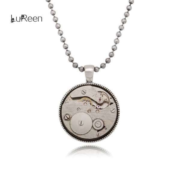 LuReen Steampunk Mechanical Watch Gear Round Pendant Necklace Antique Silver Ball Chain Statement Necklace Men's Women's necklace