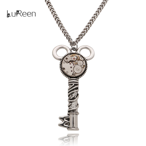 LuReen Key Pendant Steampunk Mechanical Watch Gear Necklace Antique Silver Cable Chain Men's Women's Statement Necklace