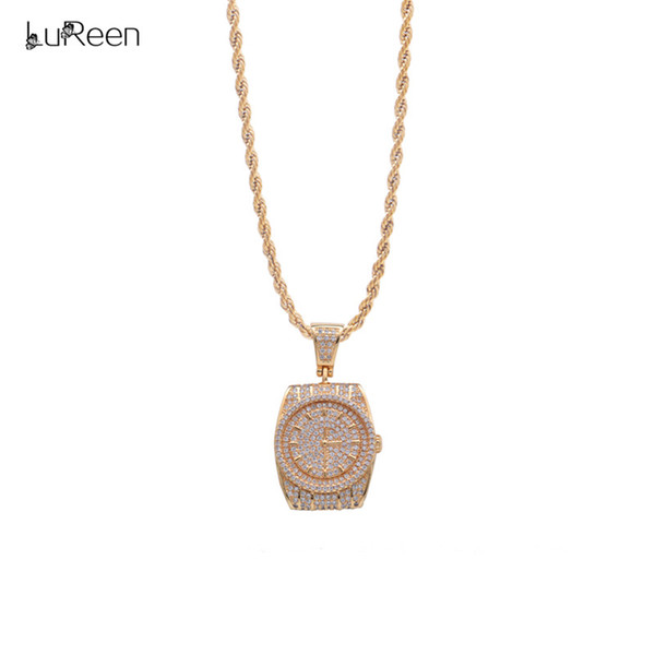 LuReen Shiny Gold Silver Iced Out Watch Shape Pendant Necklace Mens Hip Hop Iced Out Pendant Jewelry