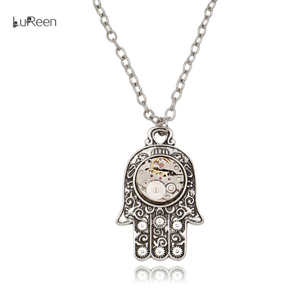 LuReen Steampunk Watch Gear Hand Pendant Necklace Vintage Antique Silver Curb Chain Statement Necklace Men's Women's necklace