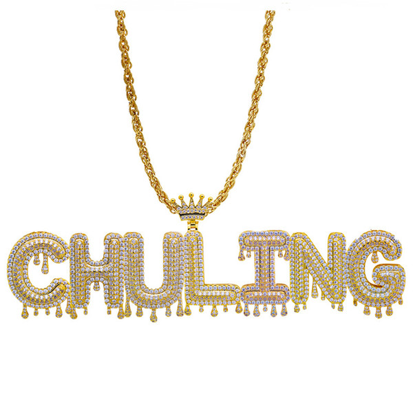 LuReen GOLD Iced Out Custom Name Pendant Crown Drip Bubble Letter Necklace Men's Women Hip Hop Body Jewelry Gfit