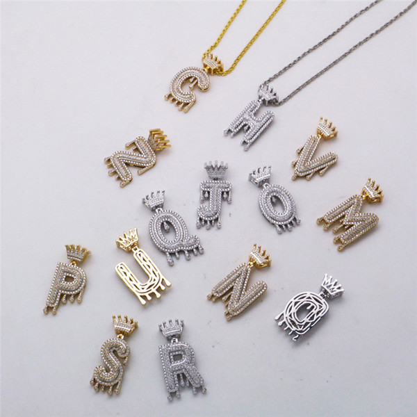 LuReen SILVER Crown Bail Drip Bubble N-Z Letters Pendant Necklace Iced Out CZ Necklace For Women Men Hip Hop Body Jewelry