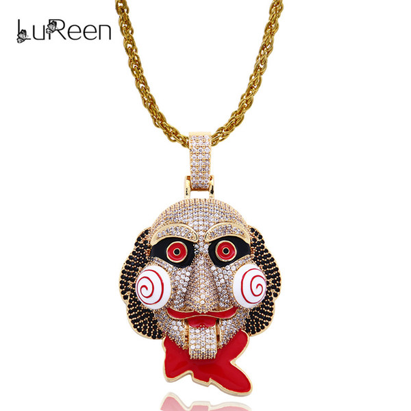 LuReen Gold Silver Saw Clown Iced Out Pendant Necklace Men Women Hip Hop CZ Pendant Jewelry Gift