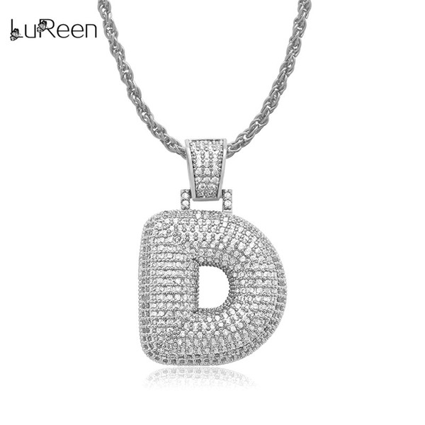 LuReen SILVER A-M Iced Out Letter Hip Hop Pendant Necklace 24Inch Micro Pave CZ Dazzling Necklace For Men Women