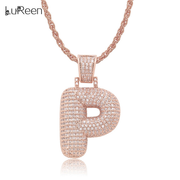 LuReen 24Inch ROSE GOLD N-Z Bubble Letters Pendant Necklace Hip Hop Iced Out CZ Pendants For Women Men Body Jewelry Gift