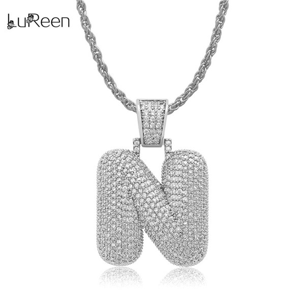 LuReen SILVER N-Z Iced Out Letter Hip Hop Pendant Necklace 24 Inch Micro Pave CZ Dazzling Necklace For Men Women