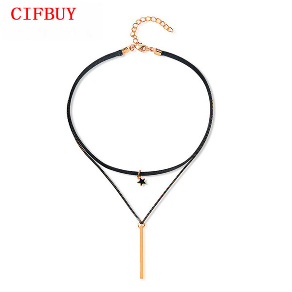 CIFBUY Simple Bar Choker Necklace For Women Crescent Moon & Star Pendant Female Girls Double Layers Pu Leather Necklace PX015/6