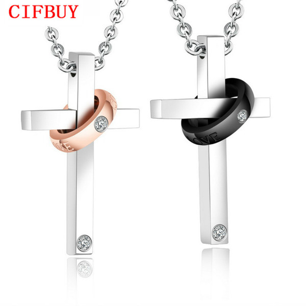 CIFBUY Classic Cross Pendant Couple Necklace Inlaid Cubic Zirconia COVER ME WITH LOVE Letters Men Women Lover Gift GX1228