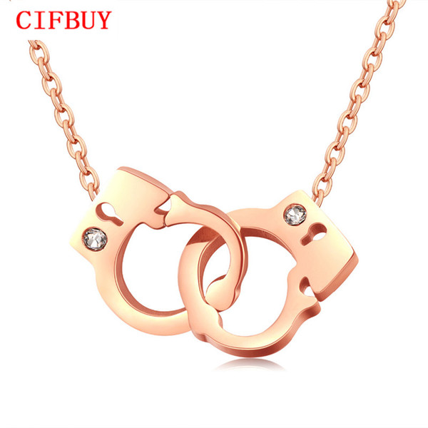 CIFBUY Handcuffs With Lock Pendant Necklace For Woman Inlaid Cubic Zirconia Stainless Steel Cute Jewelry Gift For Girls GX1114