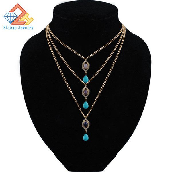 Women's Accessories Jewelry Fashion Gold Temperament Multilayer Metal Pendants Three Layers Turquoise Chain Necklace