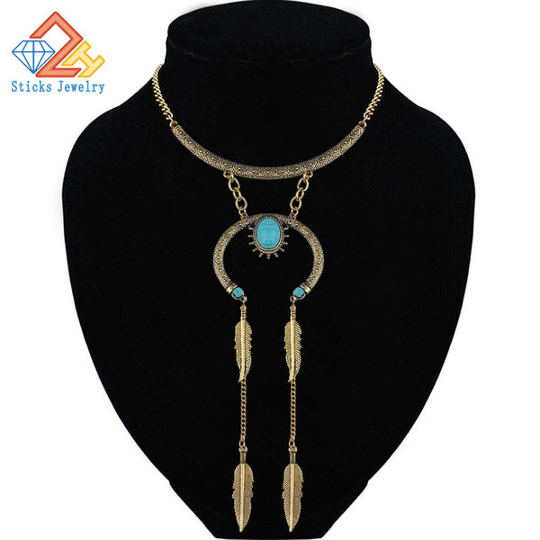 Vintage Bohemia Style Necklace for Women Naturally Stone Feather Tassel Statement Choker Necklace Fashion Jewelry