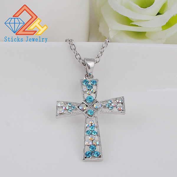 Crosses Jewelry for Women Silver Plated Pendant Necklace Zinc Alloy Hollow Out Shiny Austrian Crystal Trendy Necklace