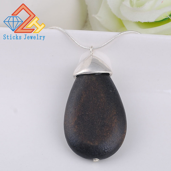 Trendy Necklace for Women Water Drop Shape Wood Pandent Silver Chain Necklace