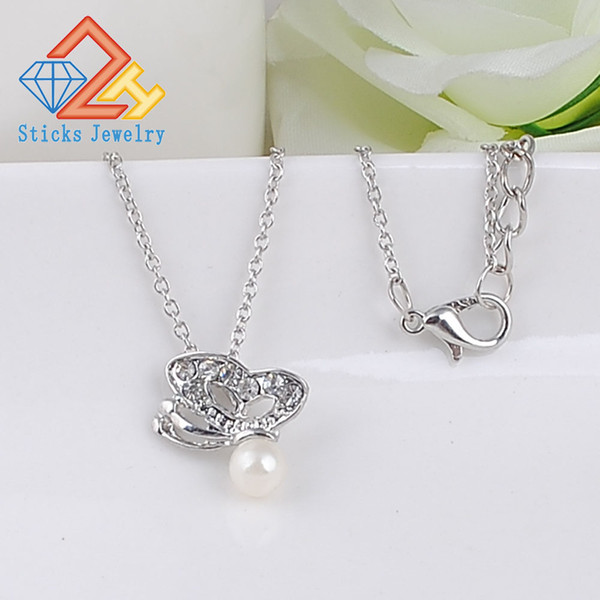 Cute Butterfly Animal Trendy Necklace Shininess Rhinestone Pearl Necklace for Women Wedding Jewelry