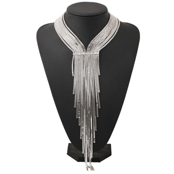 2019 punk Silver Plated long Tassel choker Necklaces for Women Luxury MultiLayer Vintage Power Crystal Pendent Necklaces Statement Jewelry