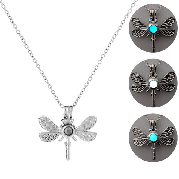 Creative Luminous Beads Necklace Geometric Hollow Dragonfly Pendant Necklace Women Alloy Long Sweater Chain Jewelry Accessories Wholesale