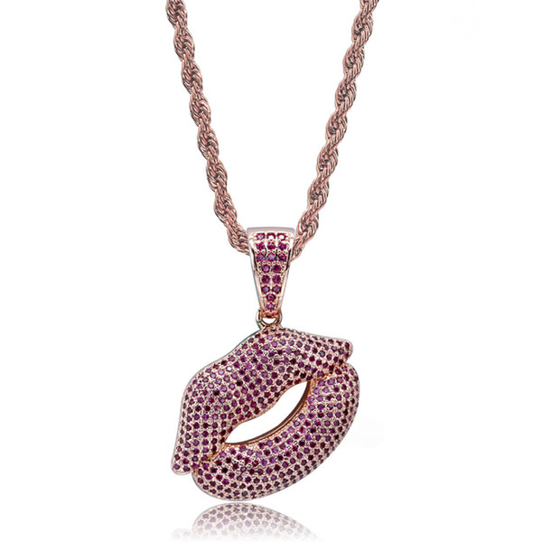 Necklace Pendant Jewelry Fashion Hip Hop Full Purple Zircon Micro Pave Necklaces Sexy 18K Gold Plated Copper Lips Personality Necklace LN058