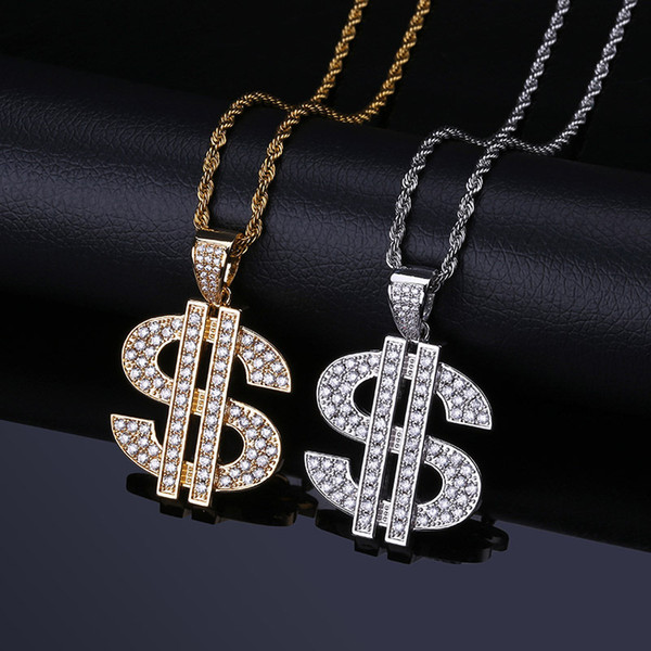 Pendant Necklaces Jewelry Brand New 2019 Fashion Hip Hop Glaring Zircon Pendant 18K Gold Plated Dollar Symbol Men's Necklace LN035