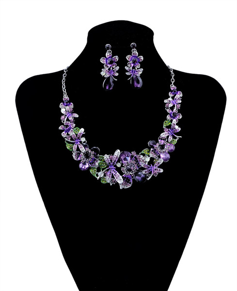 Fashion Korean Style Silver Chain Colorful Charm Rhinestone Beautiful Flower Dragonfly Bib Statement Necklace And Earrings Set Women Jewelry