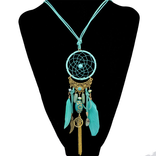 idealway 4 Colors Fashion Feather Leather Resin Beads Dream Catcher Alloy Wings Chain Tassel Pendant Long Necklace