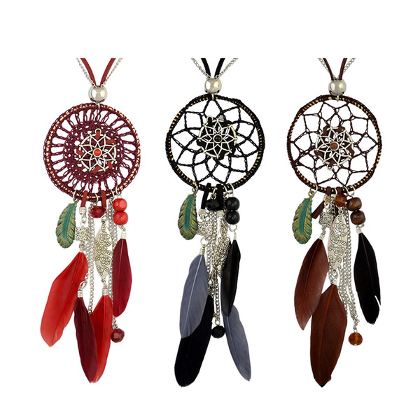 idealway 4 Colors Bohemian Fashion Silver Plated Leather Double Chain Resin Feather Tassel Dreamcatcher Pendant Necklace