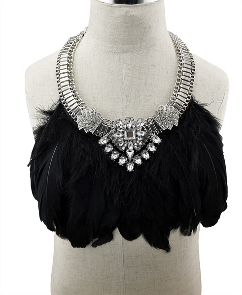 idealway Bohemian style exaggerated silver big chunky chain rhinestone drop crystal flower feather tassel false collar statement necklace