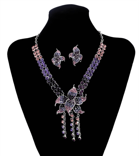 New Fashion Korean Style Colorful Rhinestone Beautiful Flower Tassel Pendant Necklace And Earrings Set