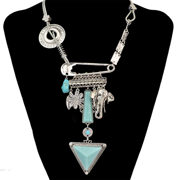 Bohemian Tibetan Alloy Resin Geometric Shape Elephant Multiple Elements Tassel Pendant Long Necklaces Women Jewelry